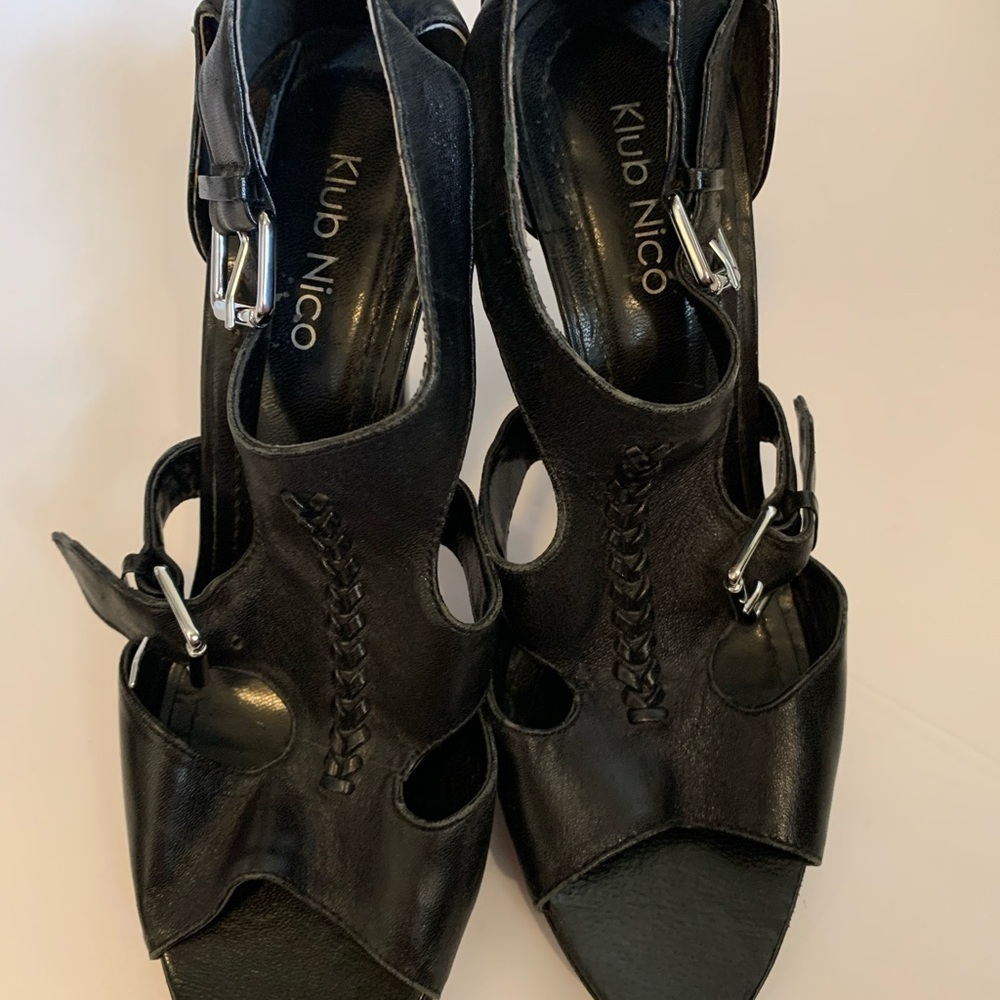 Klub Nico black leather top and bottom open toe heels